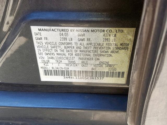 1N4BL11D05C361537 - 2005 NISSAN ALTIMA SE GRAY photo 10