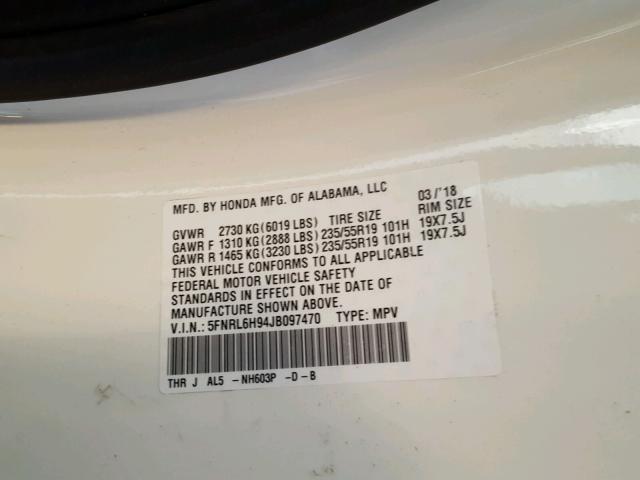 5FNRL6H94JB097470 - 2018 HONDA ODYSSEY EL WHITE photo 10