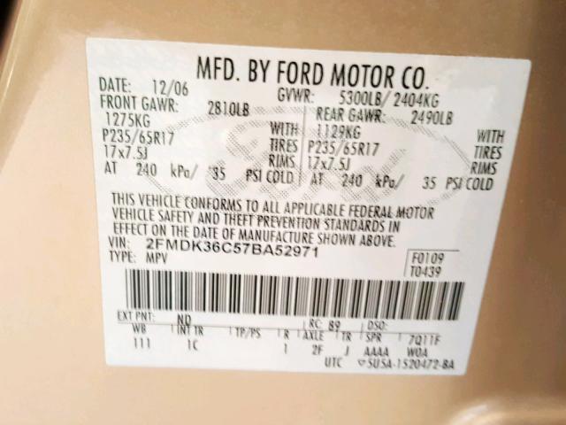 2FMDK36C57BA52971 - 2007 FORD EDGE SE BEIGE photo 10