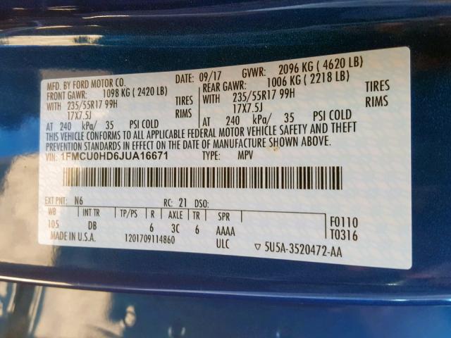 1FMCU0HD6JUA16671 - 2018 FORD ESCAPE SEL BLUE photo 10