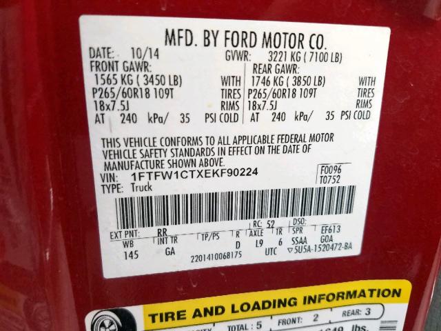 1FTFW1CTXEKF90224 - 2014 FORD F150 SUPER RED photo 10