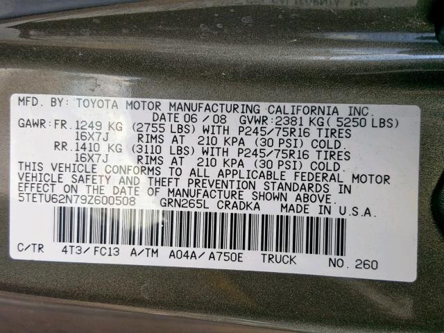 5TETU62N79Z600508 - 2009 TOYOTA TACOMA PRE GRAY photo 10