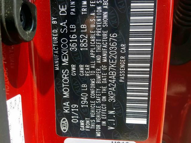 3KPA24AB7KE203676 - 2019 KIA RIO S RED photo 10