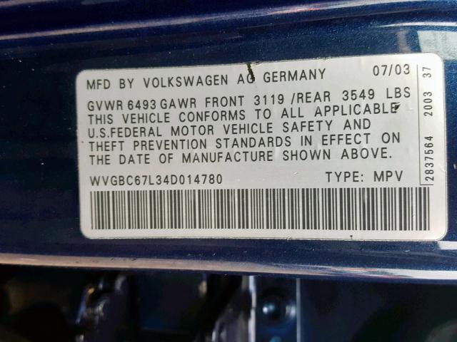 WVGBC67L34D014780 - 2004 VOLKSWAGEN TOUAREG 3. BLUE photo 10