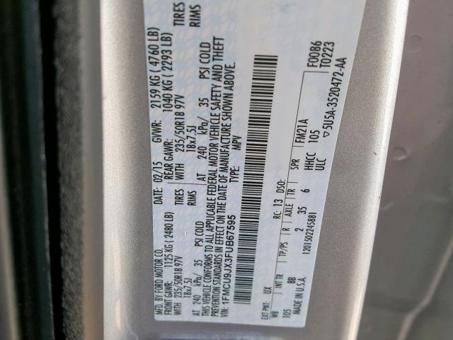 1FMCU9JX3FUB67595 - 2015 FORD ESCAPE TIT SILVER photo 10