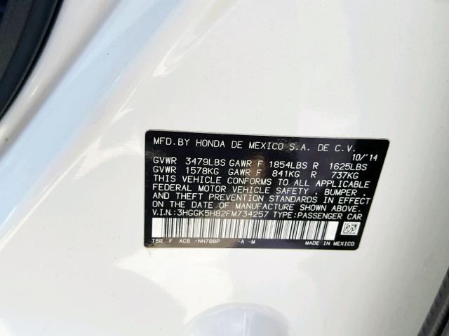 3HGGK5H82FM734257 - 2015 HONDA FIT EX WHITE photo 10