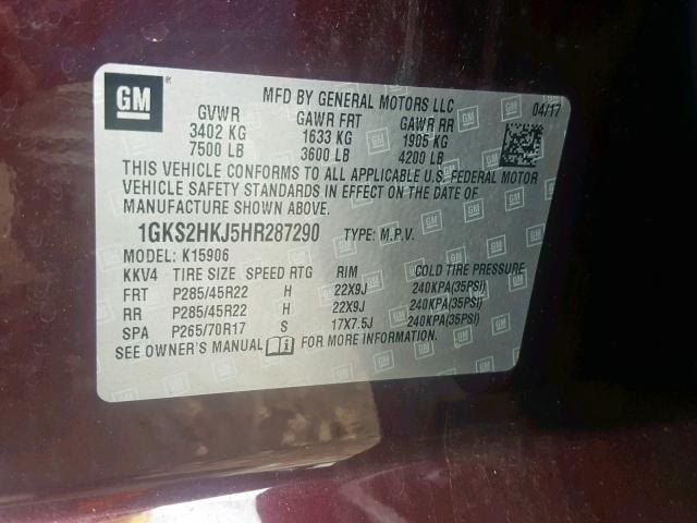 1GKS2HKJ5HR287290 - 2017 GMC YUKON XL D BURGUNDY photo 10