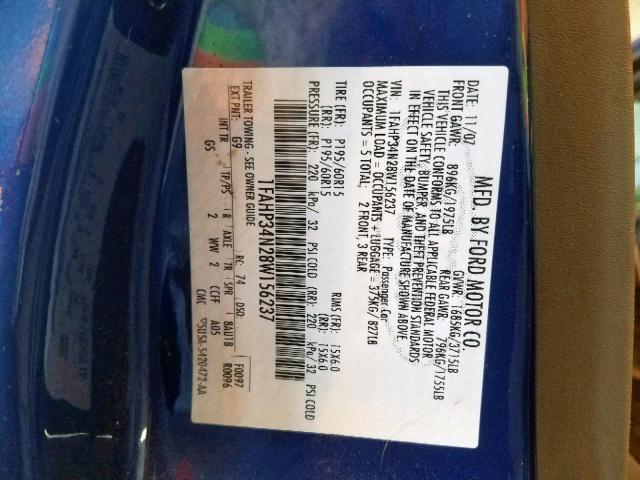 1FAHP34N28W156237 - 2008 FORD FOCUS S/SE BLUE photo 10