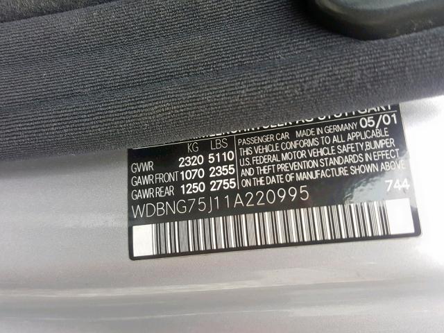 WDBNG75J11A220995 - 2001 MERCEDES-BENZ S 500 SILVER photo 10