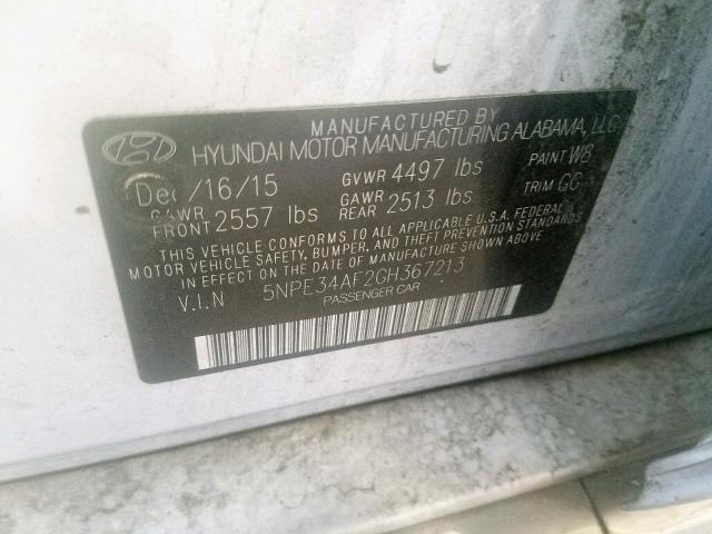 5NPE34AF2GH367213 - 2016 HYUNDAI SONATA SPO WHITE photo 10