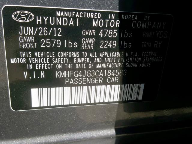 KMHFG4JG3CA184563 - 2012 HYUNDAI AZERA GLS GRAY photo 10