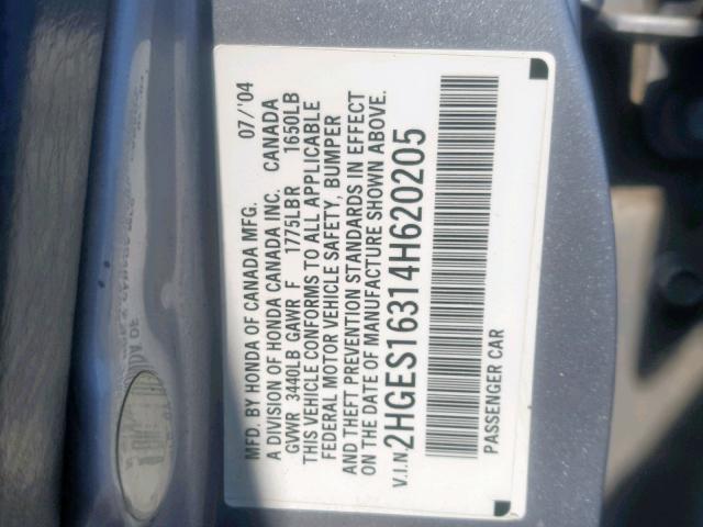 2HGES16314H620205 - 2004 HONDA CIVIC DX V SILVER photo 10