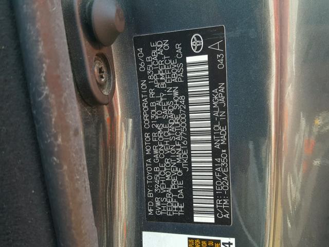 JTKDE167750007248 - 2005 TOYOTA SCION TC Boz foto 10