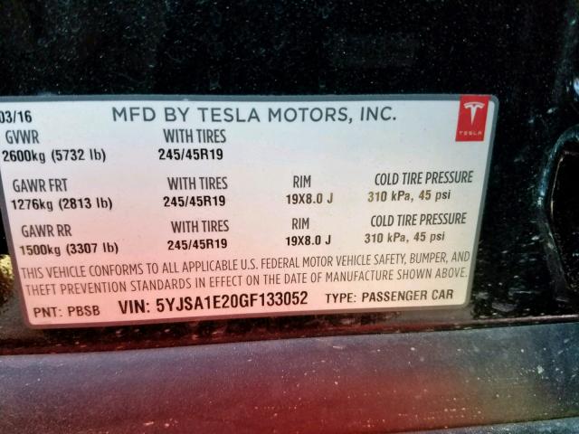 5YJSA1E20GF133052 - 2016 TESLA MODEL S Qara foto 10