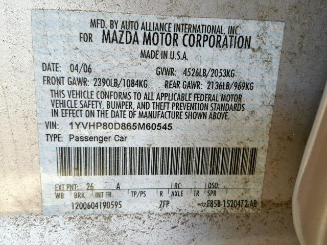 1YVHP80D865M60545 - 2006 MAZDA 6 S SILVER photo 10