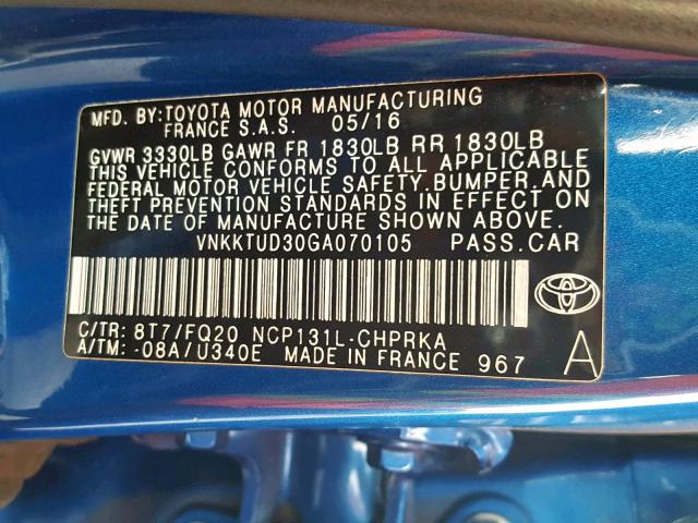 VNKKTUD30GA070105 - 2016 TOYOTA YARIS L BLUE photo 10