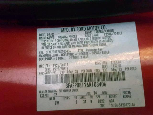 3FAFP08126R103406 - 2006 FORD FUSION SEL RED photo 10