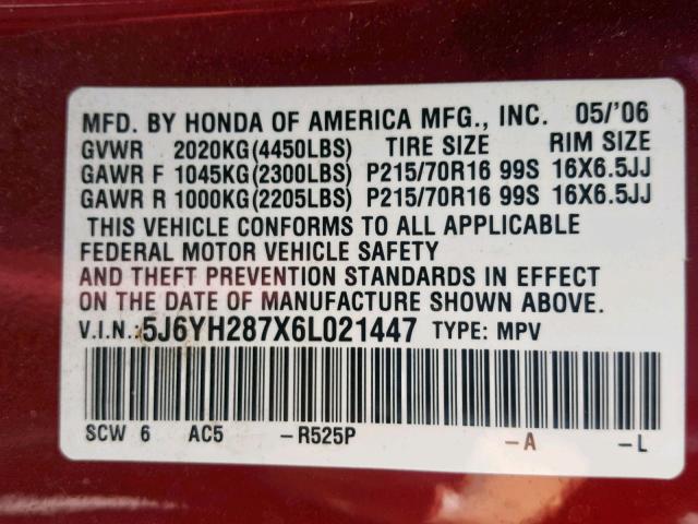 5J6YH287X6L021447 - 2006 HONDA ELEMENT EX RED photo 10