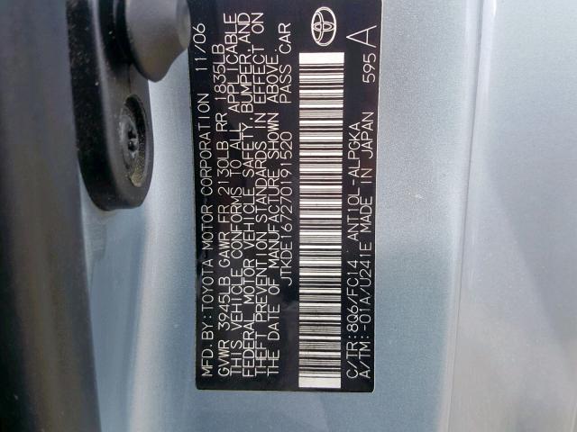 JTKDE167270191520 - 2007 TOYOTA SCION TC ლურჯი ფოტო 10