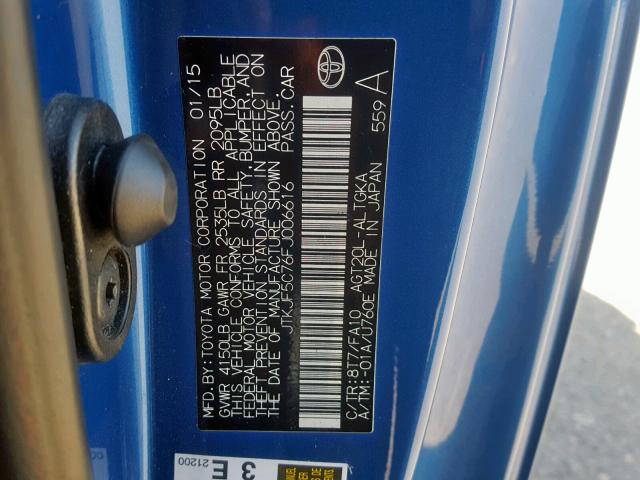 JTKJF5C76FJ006616 - 2015 TOYOTA SCION TC Bleu photo 10