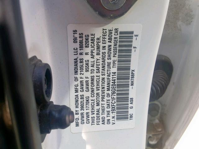 19XFC1F76GE044114 - 2016 HONDA CIVIC EXL 白色 照片 10