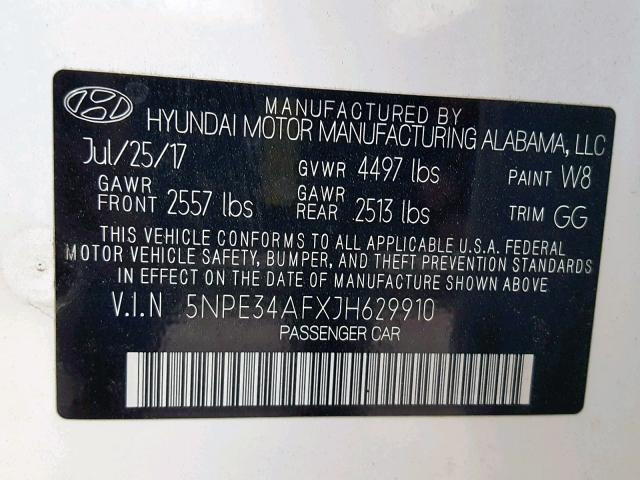 5NPE34AFXJH629910 - 2018 HYUNDAI SONATA SPO WHITE photo 10