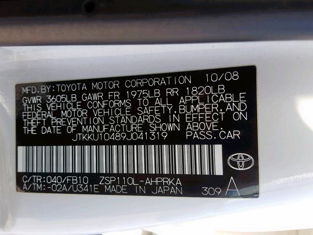 JTKKU10489J041319 - 2009 TOYOTA SCION XD WHITE photo 10