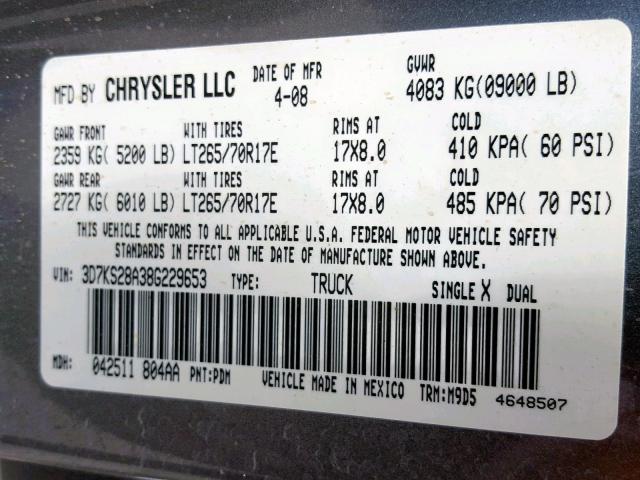 3D7KS28A38G229653 - 2008 DODGE RAM 2500 S GRAY photo 10