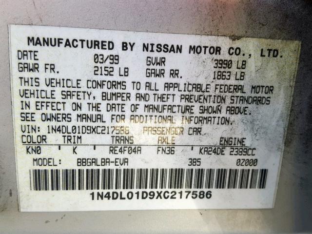 1N4DL01D9XC217586 - 1999 NISSAN ALTIMA XE SILVER photo 10