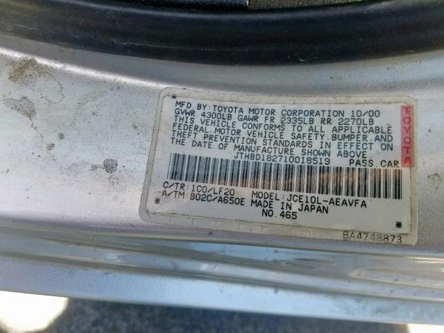 JTHBD182710018519 - 2001 LEXUS IS 300 SILVER photo 10