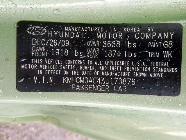 KMHCM3AC4AU173876 - 2010 HYUNDAI ACCENT BLU GREEN photo 10