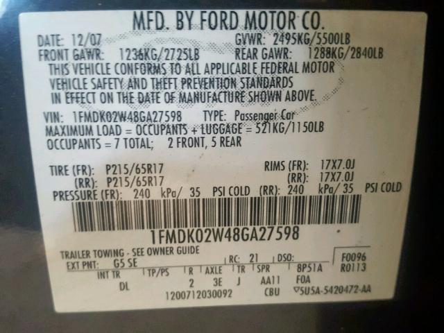 1FMDK02W48GA27598 - 2008 FORD TAURUS X S GRAY photo 10