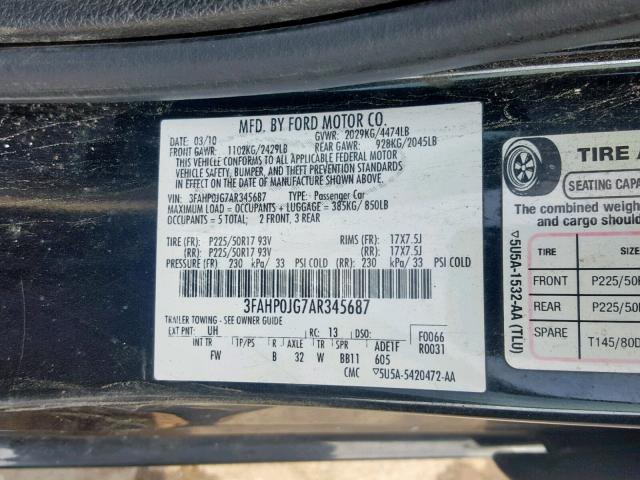 3FAHP0JG7AR345687 - 2010 FORD FUSION SEL BLACK photo 10