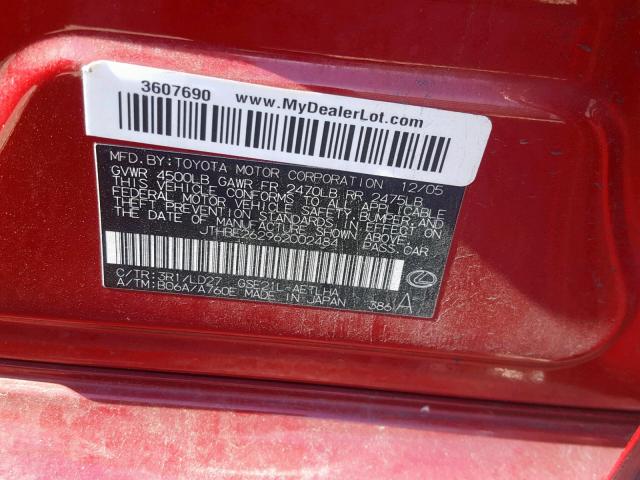 JTHBE262962002484 - 2006 LEXUS IS 350 RED photo 10