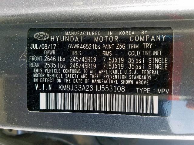 KM8J33A23HU553108 - 2017 HYUNDAI TUCSON LIM GRAY photo 10