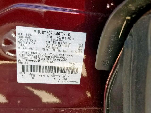 2FMPK3J80HBC63223 - 2017 FORD EDGE SEL MAROON photo 10