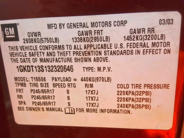 1GKDT13S132320646 - 2003 GMC ENVOY BURGUNDY photo 10