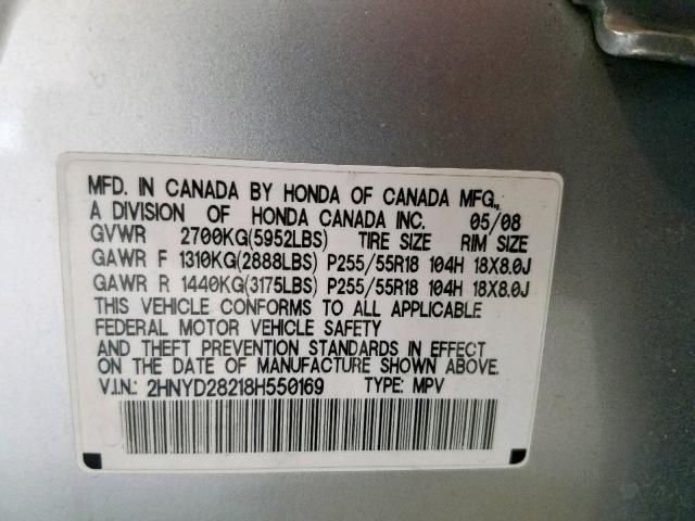 2HNYD28218H550169 - 2008 ACURA MDX SILVER photo 10