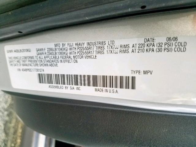 4S4BP62C177301274 - 2007 SUBARU OUTBACK OU SILVER photo 10