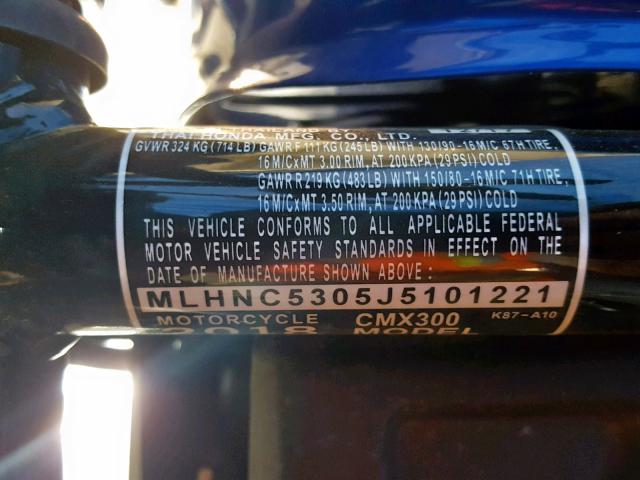 MLHNC5305J5101221 - 2018 HONDA CMX300 BLUE photo 10