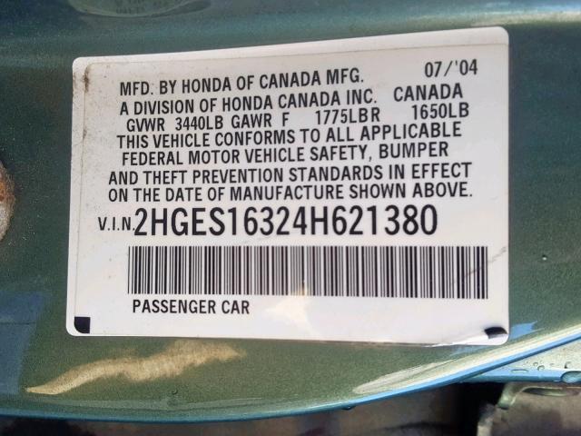 2HGES16324H621380 - 2004 HONDA CIVIC DX V GREEN photo 10