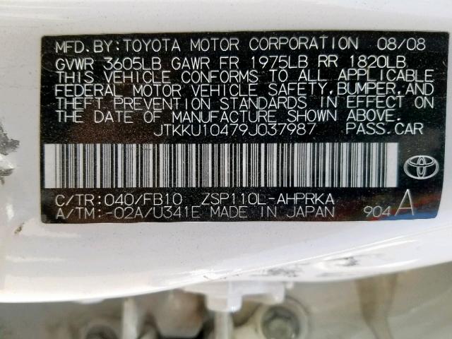 JTKKU10479J037987 - 2009 TOYOTA SCION XD WHITE photo 10