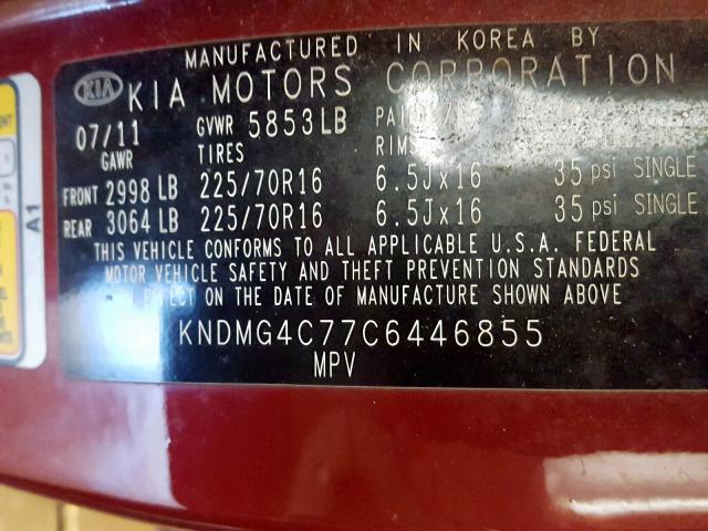 KNDMG4C77C6446855 - 2012 KIA SEDONA LX RED photo 10