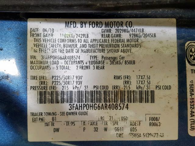 3FAHP0HG6AR408574 - 2010 FORD FUSION SE BLUE photo 10