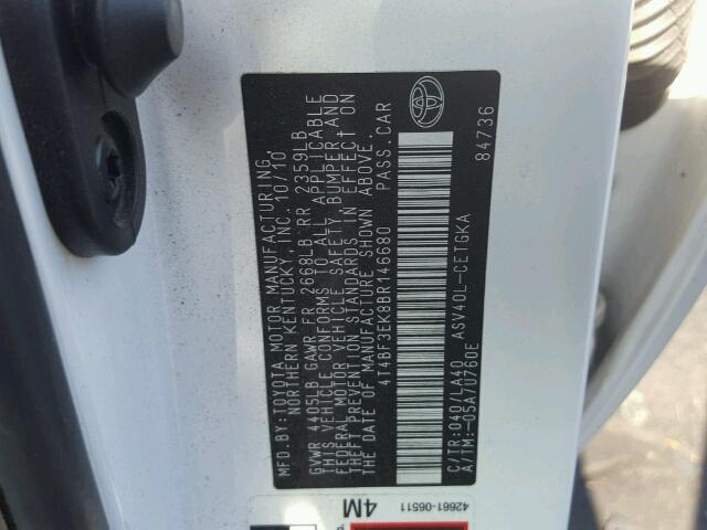 4T4BF3EK8BR146680 - 2011 TOYOTA CAMRY BASE 白色 照片 10