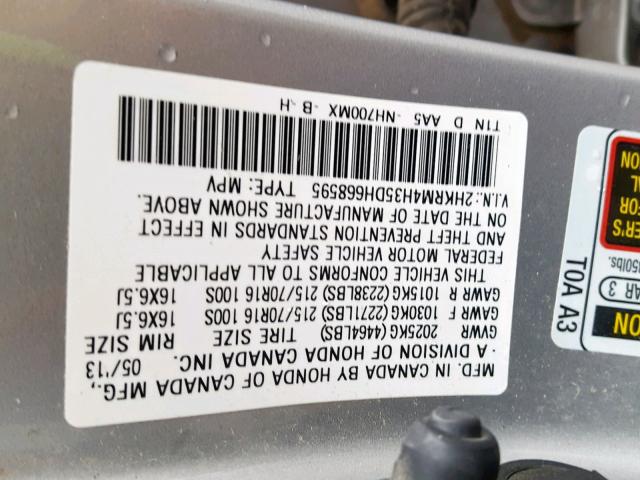 2HKRM4H35DH668595 - 2013 HONDA CR-V LX SILVER photo 10