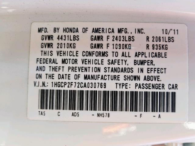 1HGCP2F72CA030769 - 2012 HONDA ACCORD EX WHITE photo 10