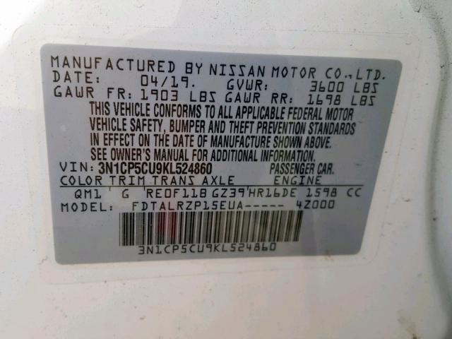 3N1CP5CU9KL524860 - 2019 NISSAN KICKS S WHITE photo 10