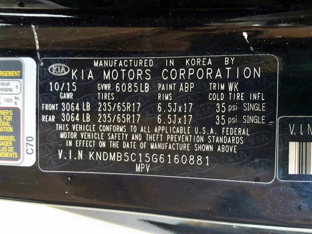 KNDMB5C15G6160881 - 2016 KIA SEDONA LX BLACK photo 10