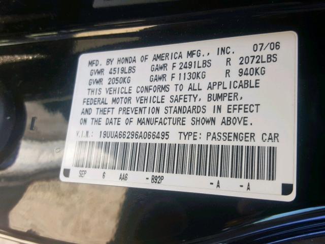 19UUA66296A066495 - 2006 ACURA 3.2TL BLACK photo 10